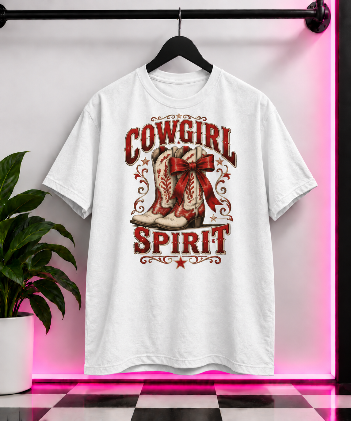 White T-shirt with Cowgirl Spirit lettering, cowboy boots, a red bow, and stars.