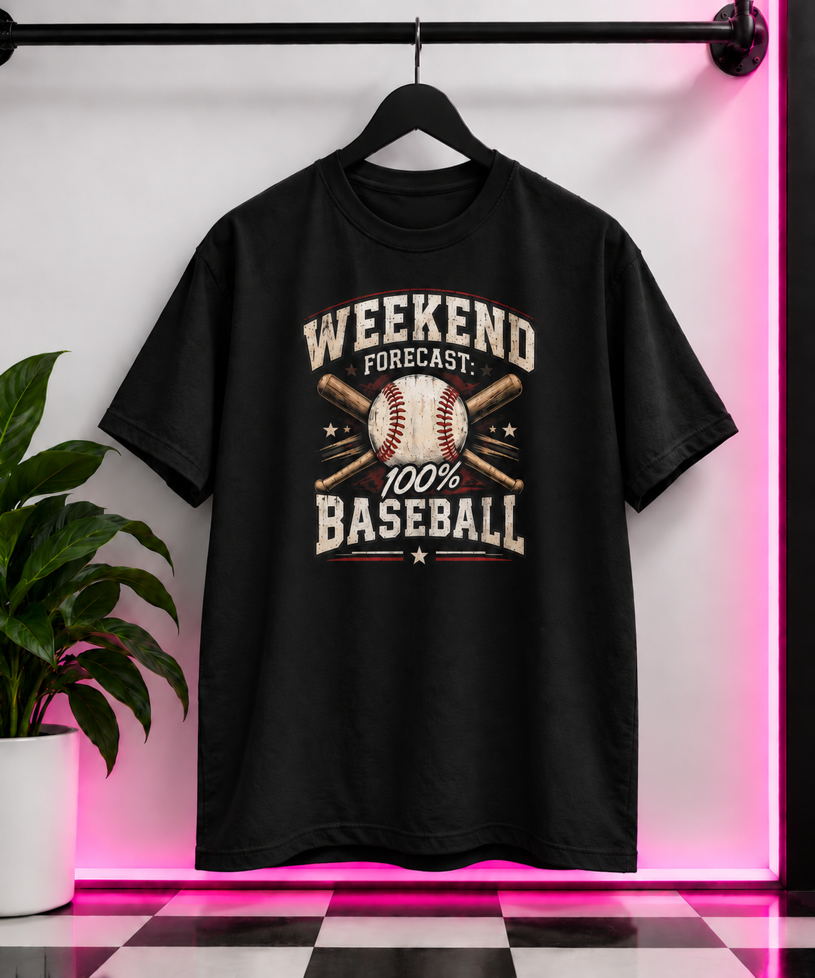 Black T-shirt with Weekend Forecast: 100% Baseball lettering, a baseball, crossed bats, and stars.